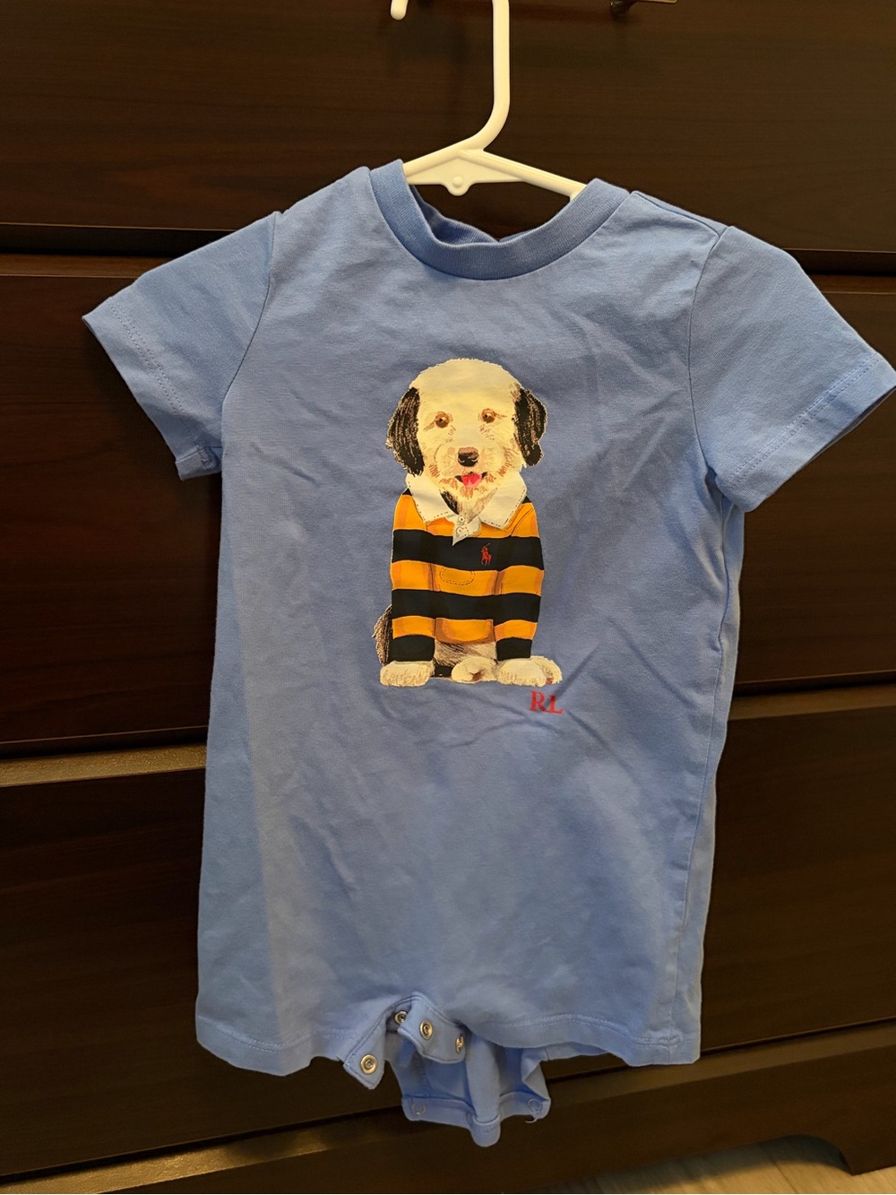Ralph Lauren Light Blue Puppy Graphic Short-Sleeve Romper Size 9 months